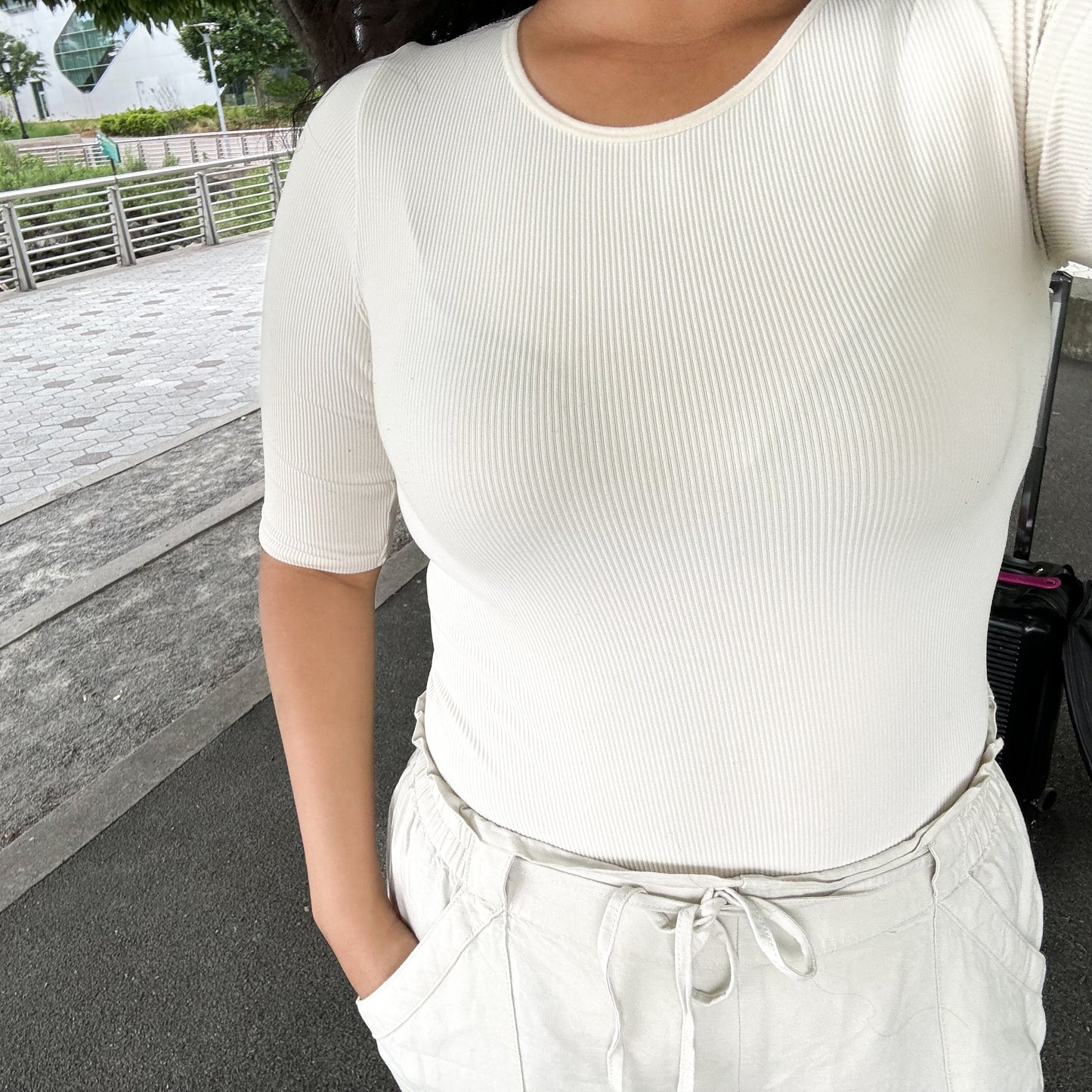 Mid-Sleeve Seamless Bodysuit in Cream